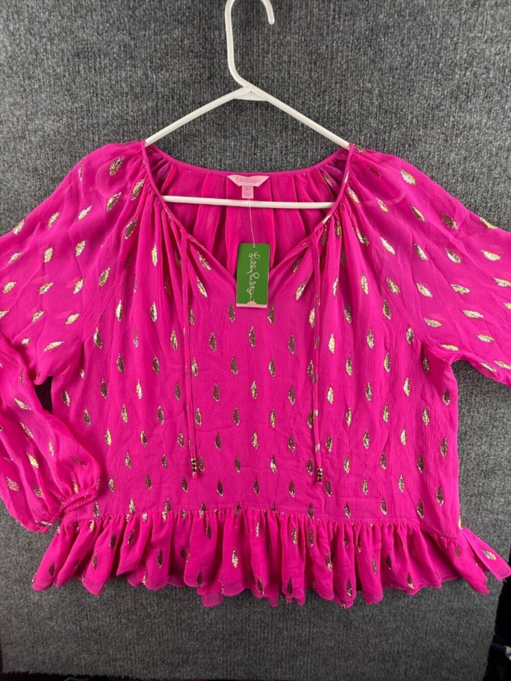 NWT Lilly Pulitzer TENSLEY SILK Metallic Gold Bright Pink Sheer Top XL Ruffles